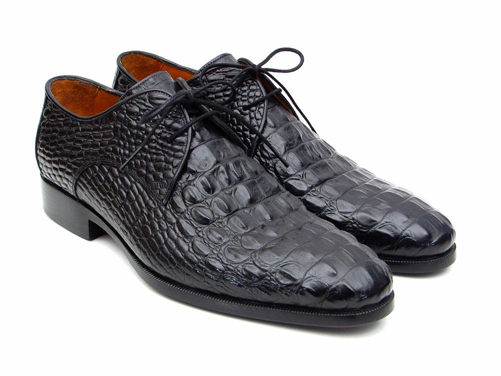 Paul Parkman Black Crocodile Embossed Calfskin Derby Shoes (ID#1438BLK)