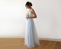 Fairy ivory & light blue tulle wedding gown, two colors dress 1185