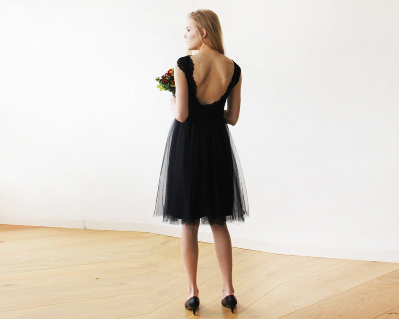 Lace And Tulle Black Sleeveless Midi Dress 1159