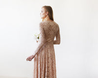 Round Neckline Pink Lace Dress With Long Sleeves 1147