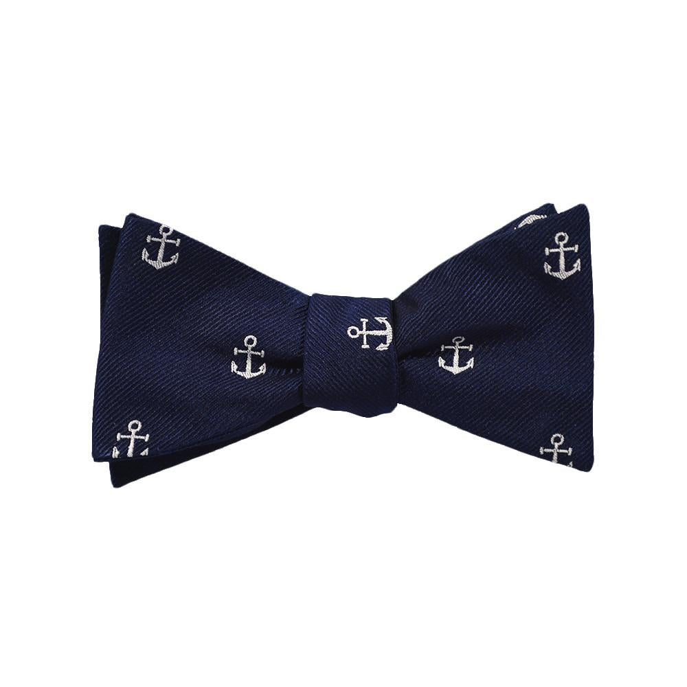 Anchor Bow Tie - White on Navy, Woven Silk - Spread