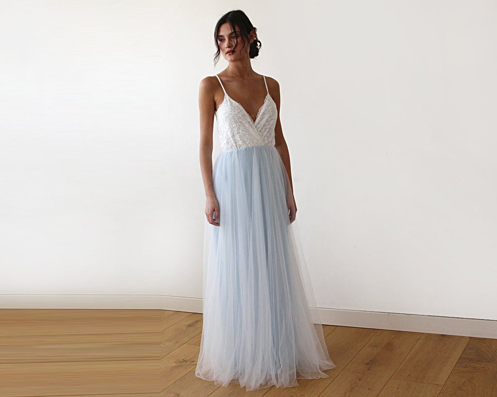 Fairy ivory & light blue tulle wedding gown, two colors dress 1185