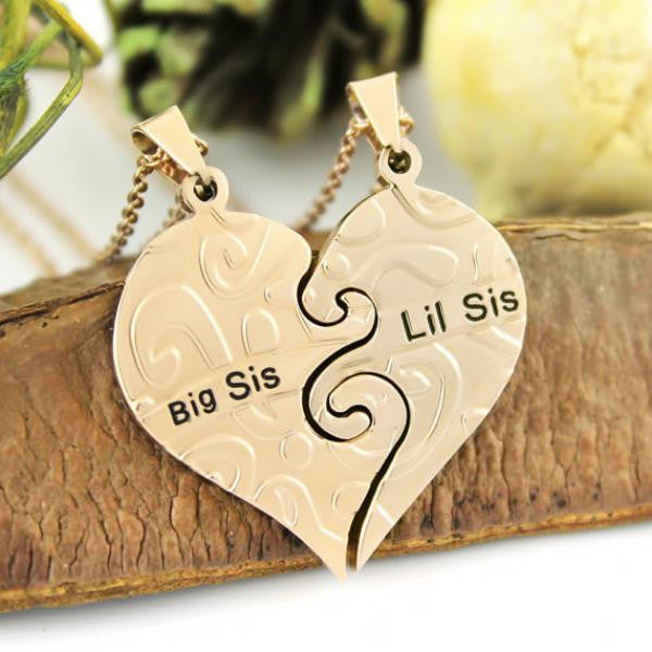 Sister Necklace Big Sis & Lil Sis Sister Gold Tone Necklace, Heart Necklaces Set (2pcs)