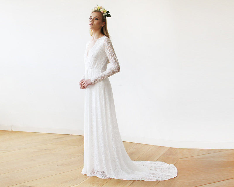 Ivory Wrap Floral Lace Long Sleeve Gown with a Train  1151