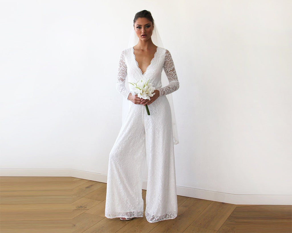 Ivory Long Sleeves Wedding Lace Jumpsuit 1169