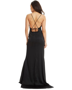 Satin Evening Dress / Front Splits - Black