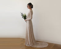 Champagne Wrap Floral Lace Long Sleeve Gown with a Train 1151