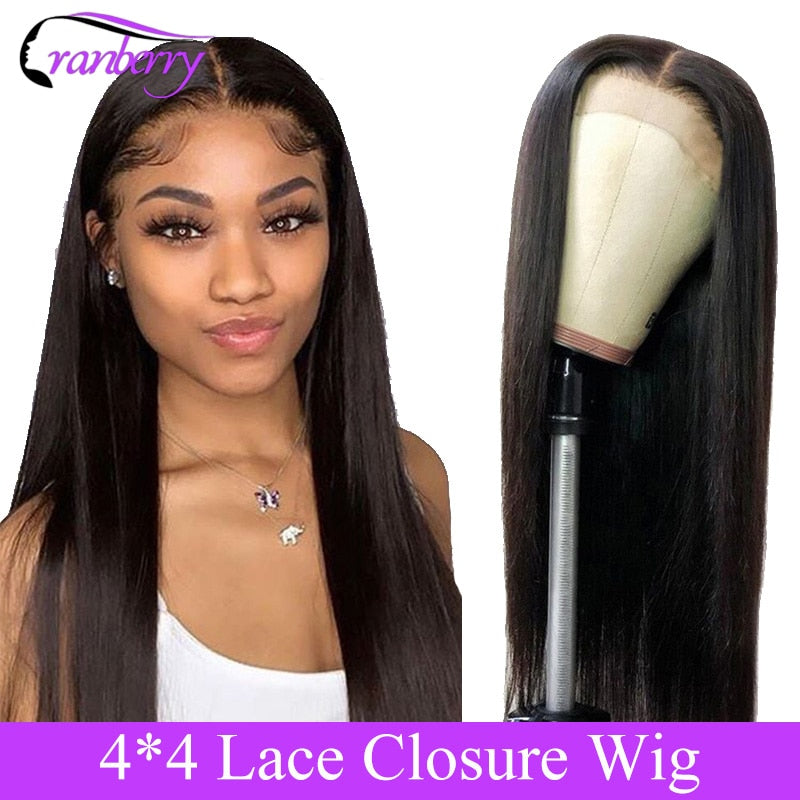 Cranberry Hair 4X4 Closure Wig 100% Remy Hair Brazilian Wig Lace Closure Wig Straight Human Hair Wigs For Black Women 10-26 Inch
