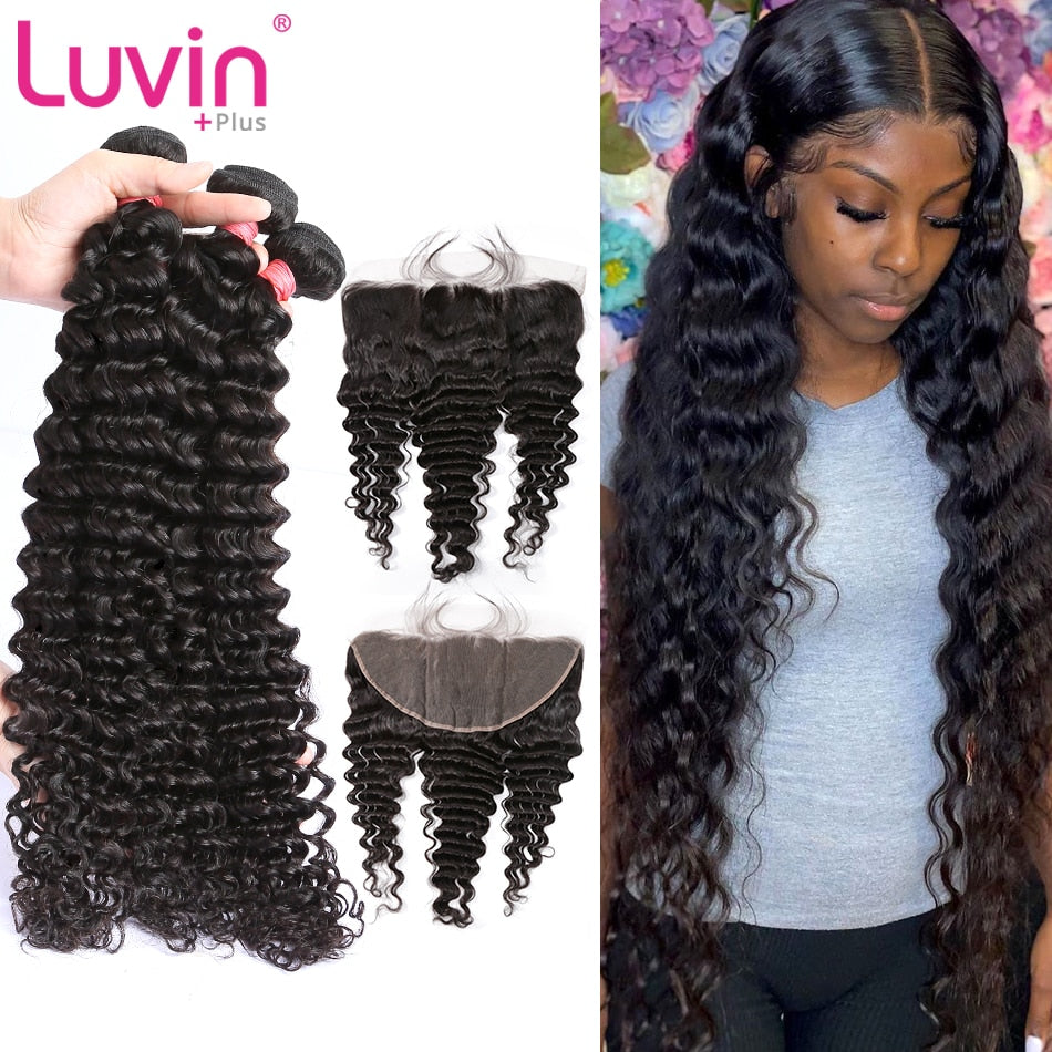Luvin  Deep Wave Brazilian Hair Bundles Human Hair Extension 3 Bundles With Frontal Closure  wave bundles with frontal Closure