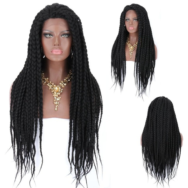 Kalyss 28 inches Braided Wigs for Black Women Synthetic Lace Front Wig with Baby Hair Black Box Braids Natural Side Parting Wig