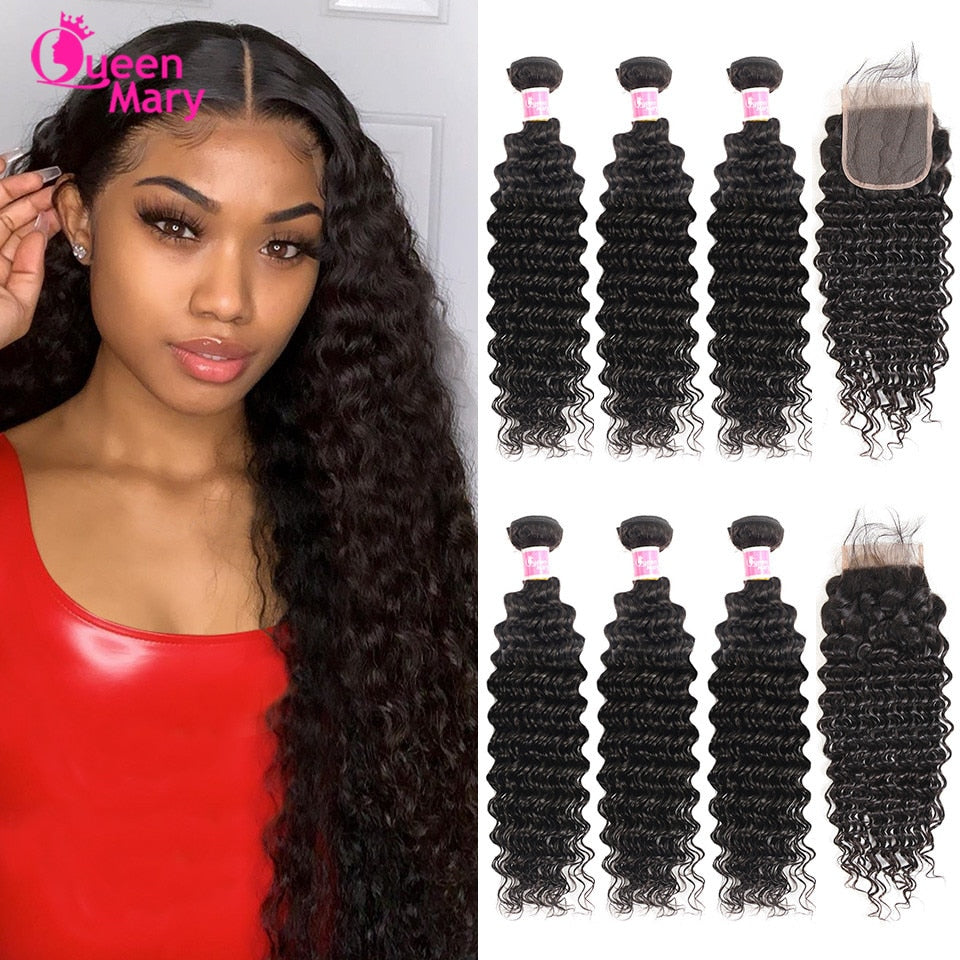 Brazilian Deep Wave Bundles With Closure Non Remy Human Hair 3 and 4 Bundles With Lace Closure Queen Mary Human Hair Extensions